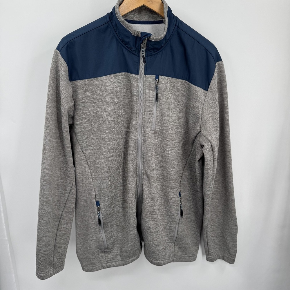 Orvis Mens Full Zip Fleece Jacket Grey Navy Blue Mixed Media Size Large Outdoor